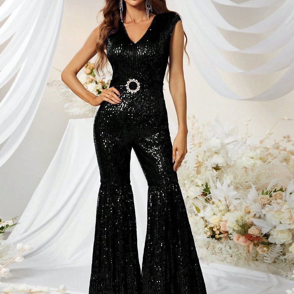 Black Party Women's Sequin V-Neck Sleeveless Flared Elegant Jumpsuit